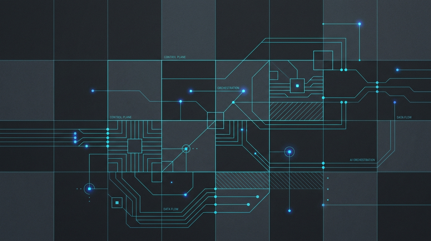 Abstract geometric composition representing the AI governance plane — layered cyan structures over a charcoal grid.