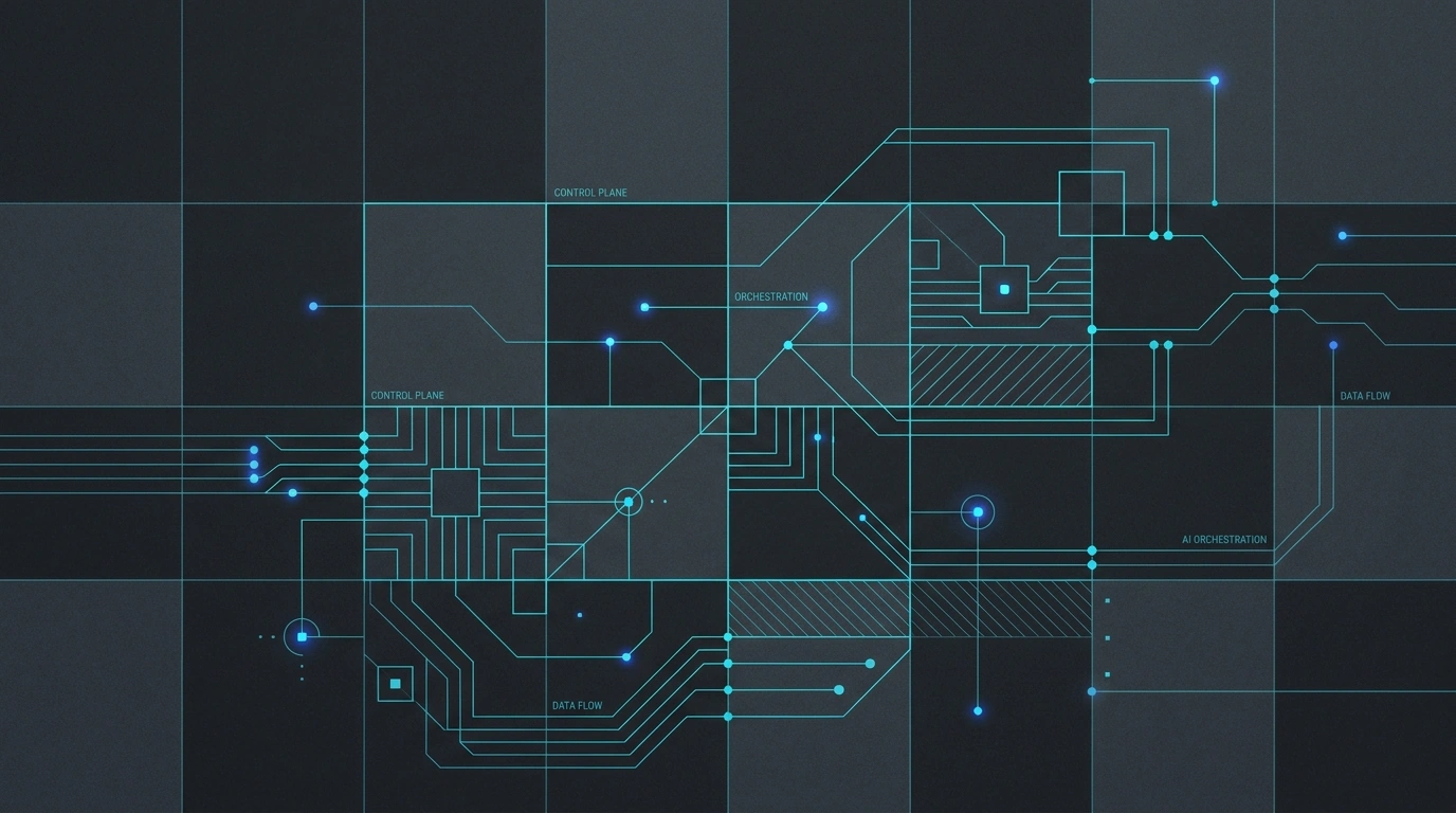 Abstract geometric composition representing the IronPact AI platform — layered cyan structures over a charcoal grid.